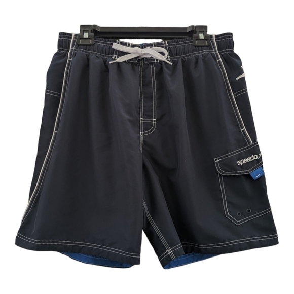 Speedo Black with blue & white accents Board Shorts with liner size large EUC - Picture 2 of 4